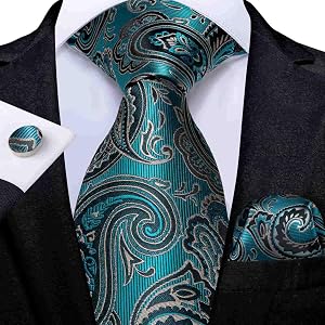 Mens Tie Set Formal Paisley Necktie and Pocket Square Cufflinks Set for Wedding Party