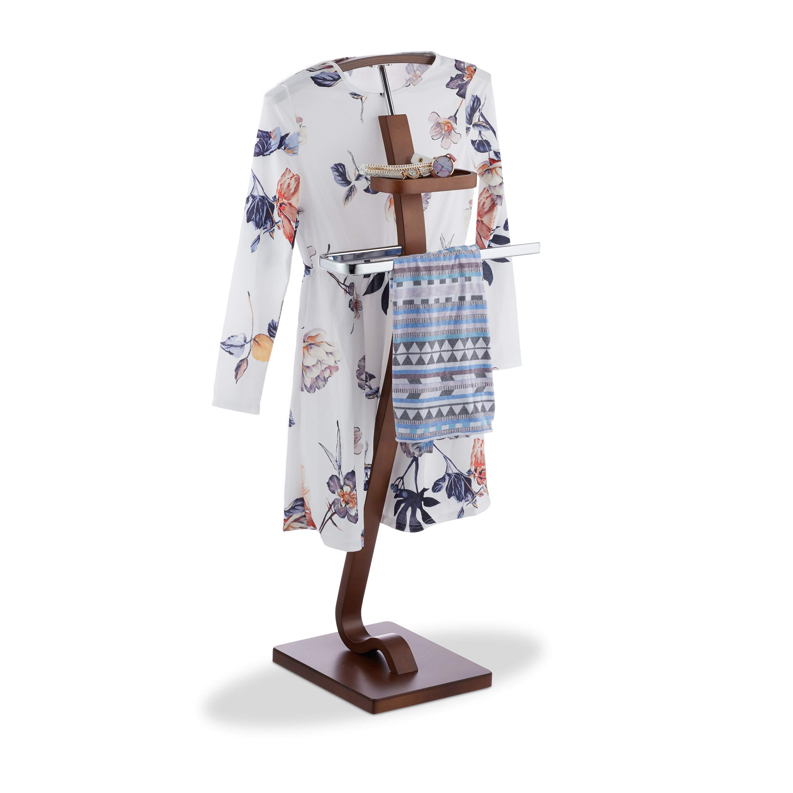 Relaxdays Valet Stand with Walnut Look, Wooden & Metal Butler, Clothes Rack HWD 112 x 46.5 x 33 cm, Dark Brown
