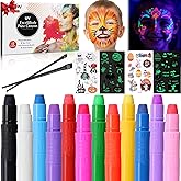 Beesjuy Glow Face Body Paint,12 PCS Glow In The Dark Under UV BlackLight, Face Painting Kits Neon Makeup Sticks for Kids Adult Halloween Birthday Glow Party Supplies