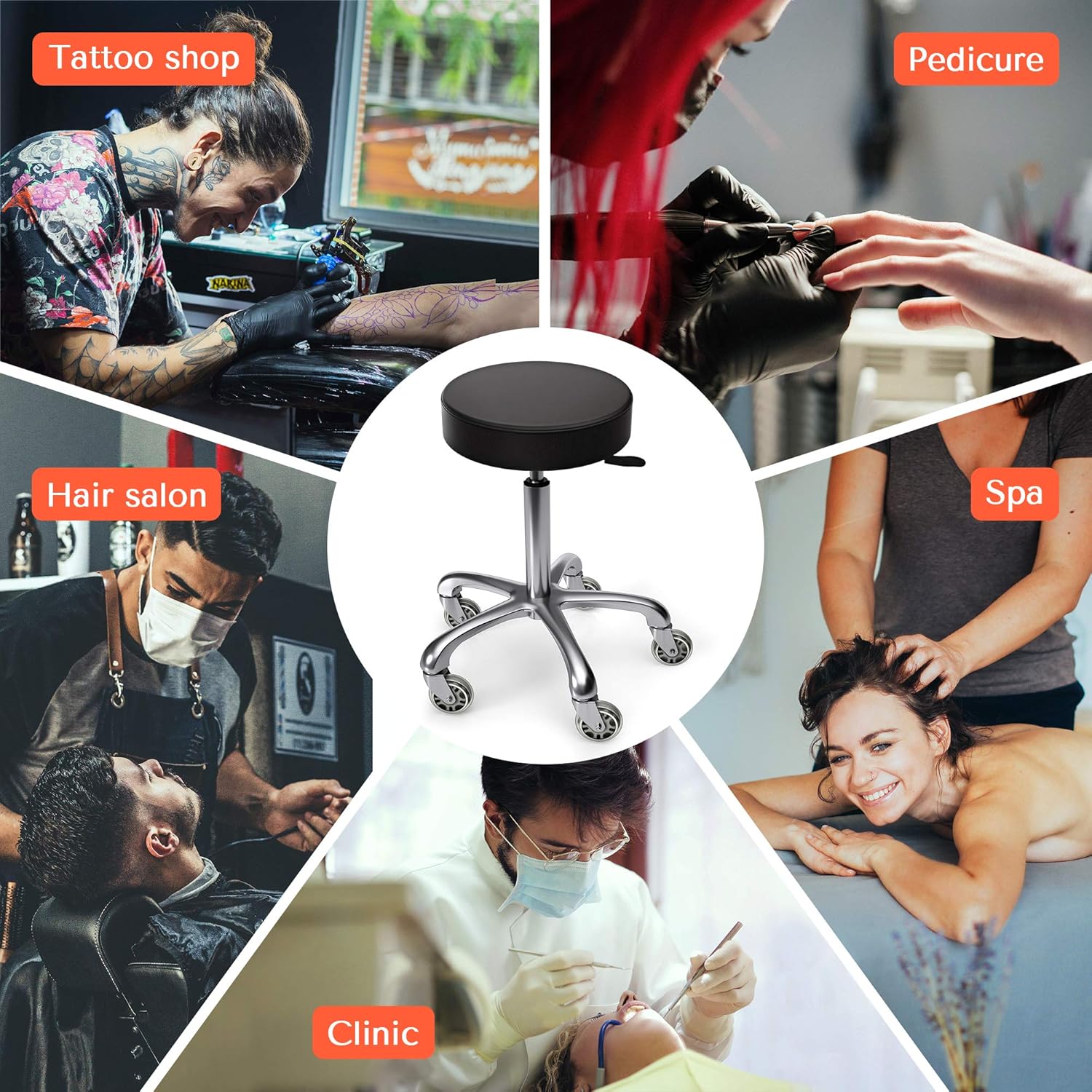 TASALON Rolling Stool - Adjustable Stool with Wheels - Soft Swivel Workbench Stool- Desk Stool Chair for Kitchen, Salon, Spa, Tattoo, Pedicure - Massage Stool Salon Stool Esthetician Chair – Black: Kitchen & Dining