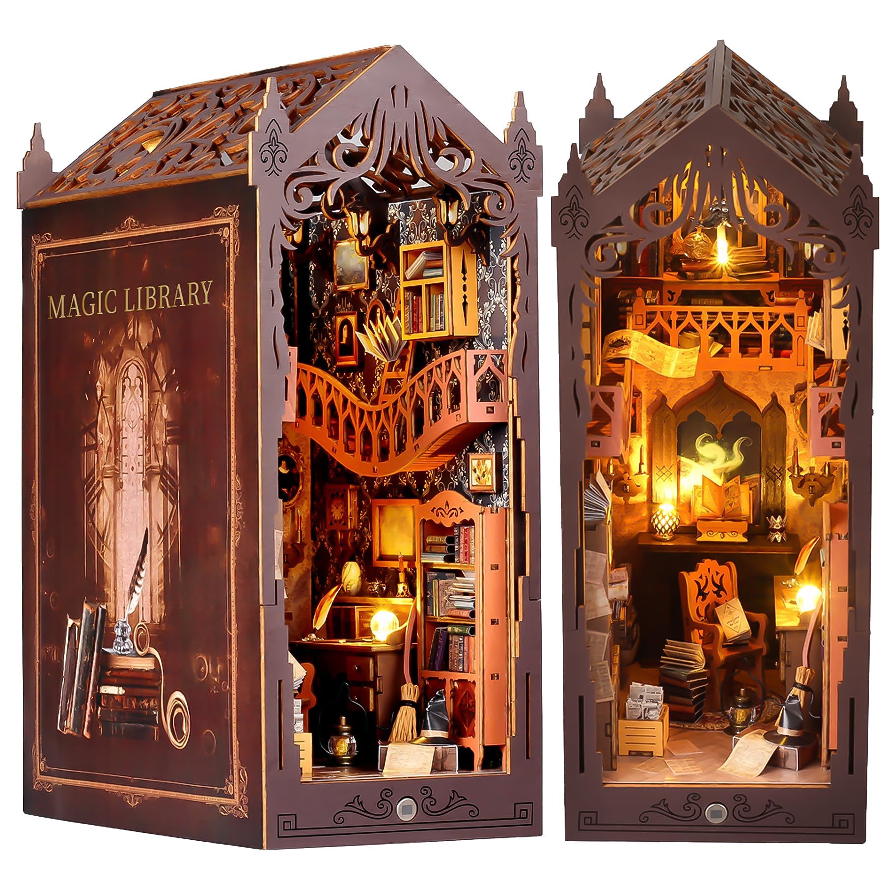 Book Nook Kit, DIY Magic Bookstore Book Corner Kit with LED Light 3D Wooden Puzzle Bookshelf Decor - Library