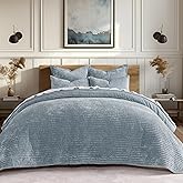 EVERGRACE Velvet Quilt Set King Size, Luxurious Soft Striped Channel Bedding Set, Lightweight Velvet Comforter for All Season, Oversized Bedspread Coverlet with 2 Matching Shams, Blue Linen