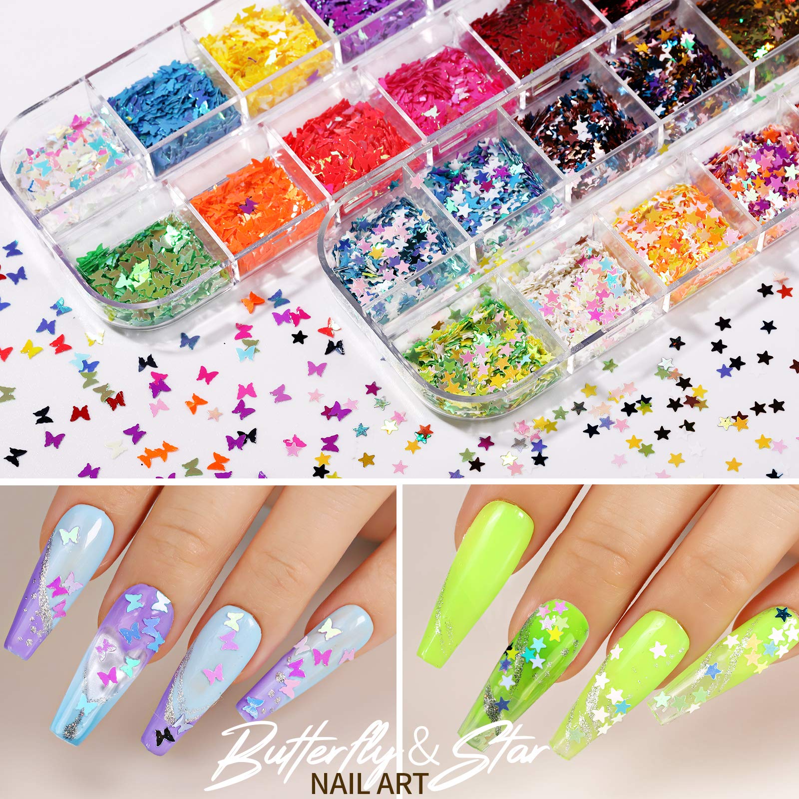 Teenitor 12 Sheets Nail Art Sticker 3D Self-Adhesive, Nail Art Decoration with 5 Boxes Holographic Nail Art Glitter Flakes Butterfly Heart Star Maple Leaf Nail Sequins and Nail Art Flower Slices - Image 4