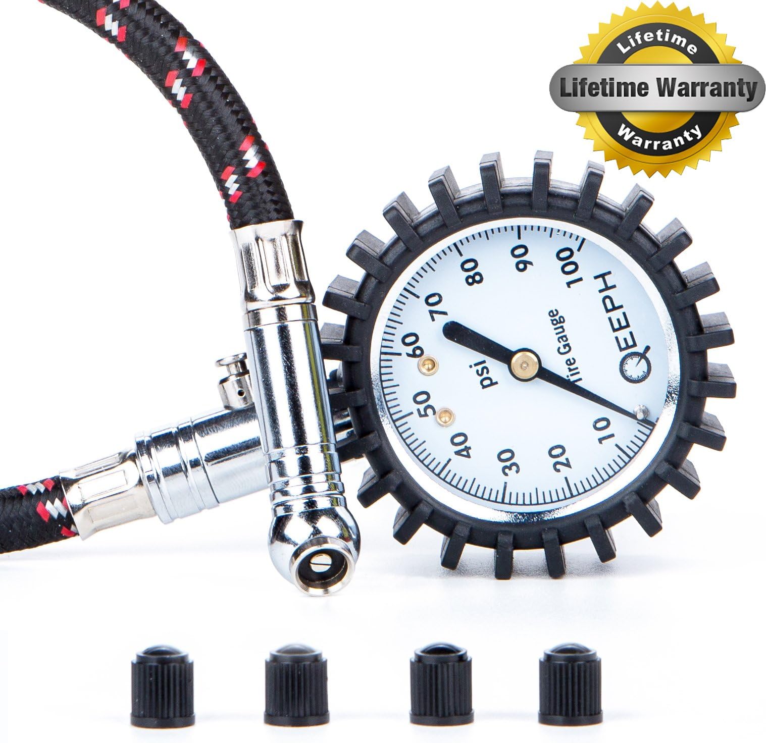 QEEPH Premium Tire Pressure Gauge Flexi (100 PSI) - Large 2" Dial for Readability, Heavy Duty Construction with Rubber Hose - Best for Car, Motorcycle, Bike, RV, SUV - Bonus 4 Free Valve Caps