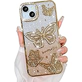Bonoma Glitter Case for iPhone 15 Plus, Cute 3D Butterfly Pattern Plating Bling Case,Camera Protection Sparkly Slim Soft Back Cover for Women Girls,Gold