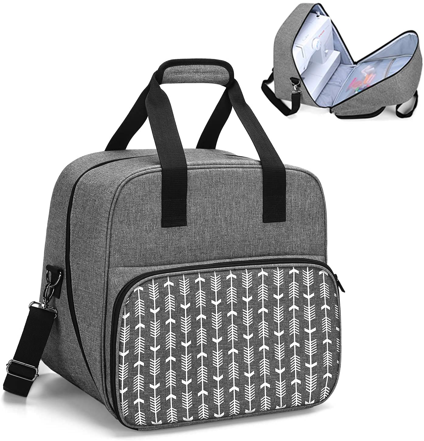 Yarwo Sewing Machine Bag with Bottom Wooden Board, Universal Sewing Machine Case Fit for Most Standard Sewing Machine and Accessories, Grey with Arrow Pattern