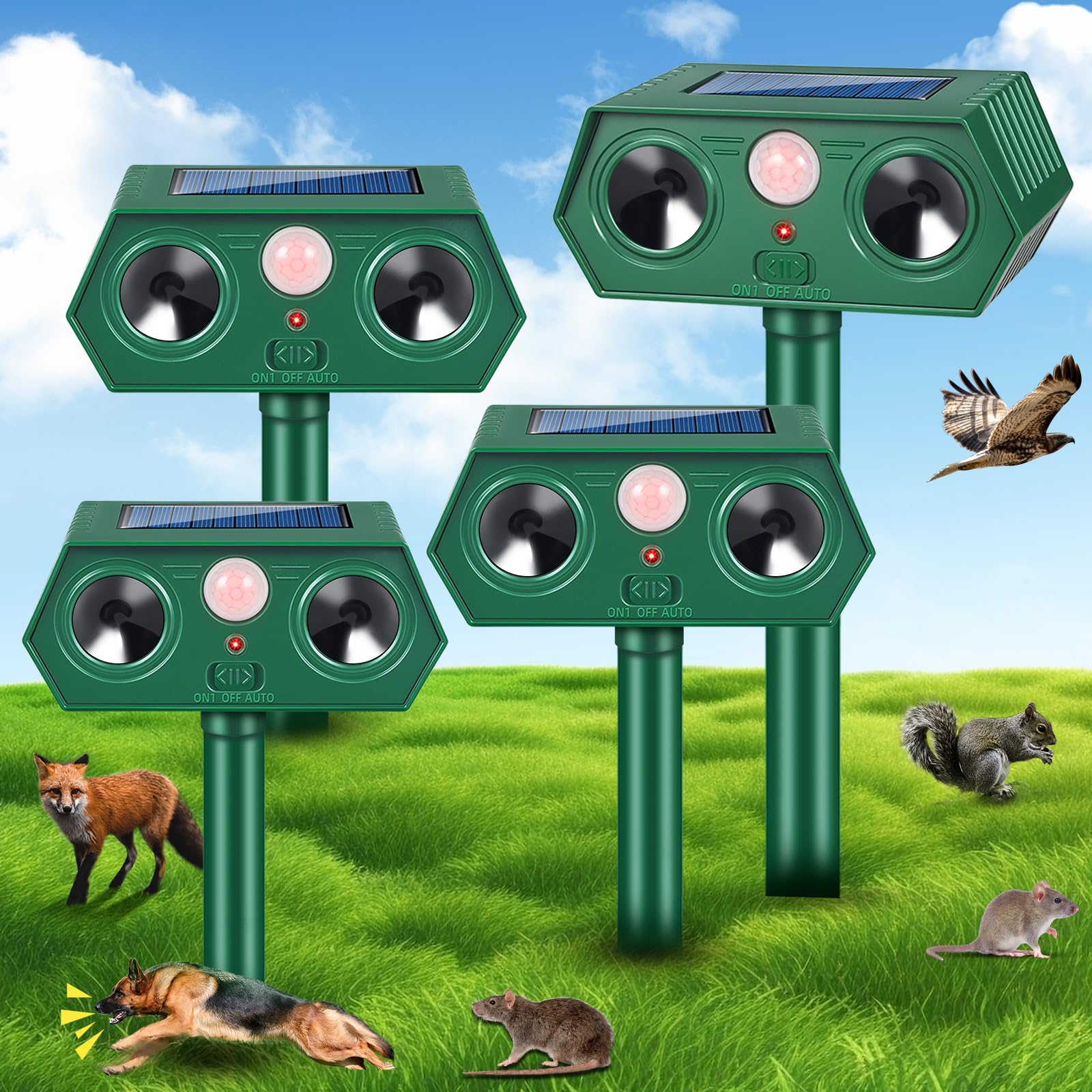 Photo 1 of 2025 Upgraded Solar Animal Repellent,4 Pack Ultrasonic Animal Repeller Outdoor with Motion Sensor,Deterrent Devices for Cat, Squirrel, Deer, Dog, Raccoon, Skunk, Rabbit Repellent for Yard Garden