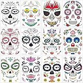 Halloween Temporary Face Tattoos (12Pack), Konsait Day of the Dead Sugar Skull Floral Black Skeleton Web Red Roses Full Face Mask Tattoo for Women Men Adult Kids Boys Halloween Party Favor Supplies