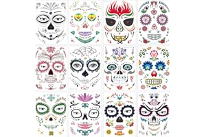 Halloween Temporary Face Tattoos (12Pack), Konsait Day of the Dead Sugar Skull Floral Black Skeleton Web Red Roses Full Face Mask Tattoo for Women Men Adult Kids Boys Halloween Party Favor Supplies