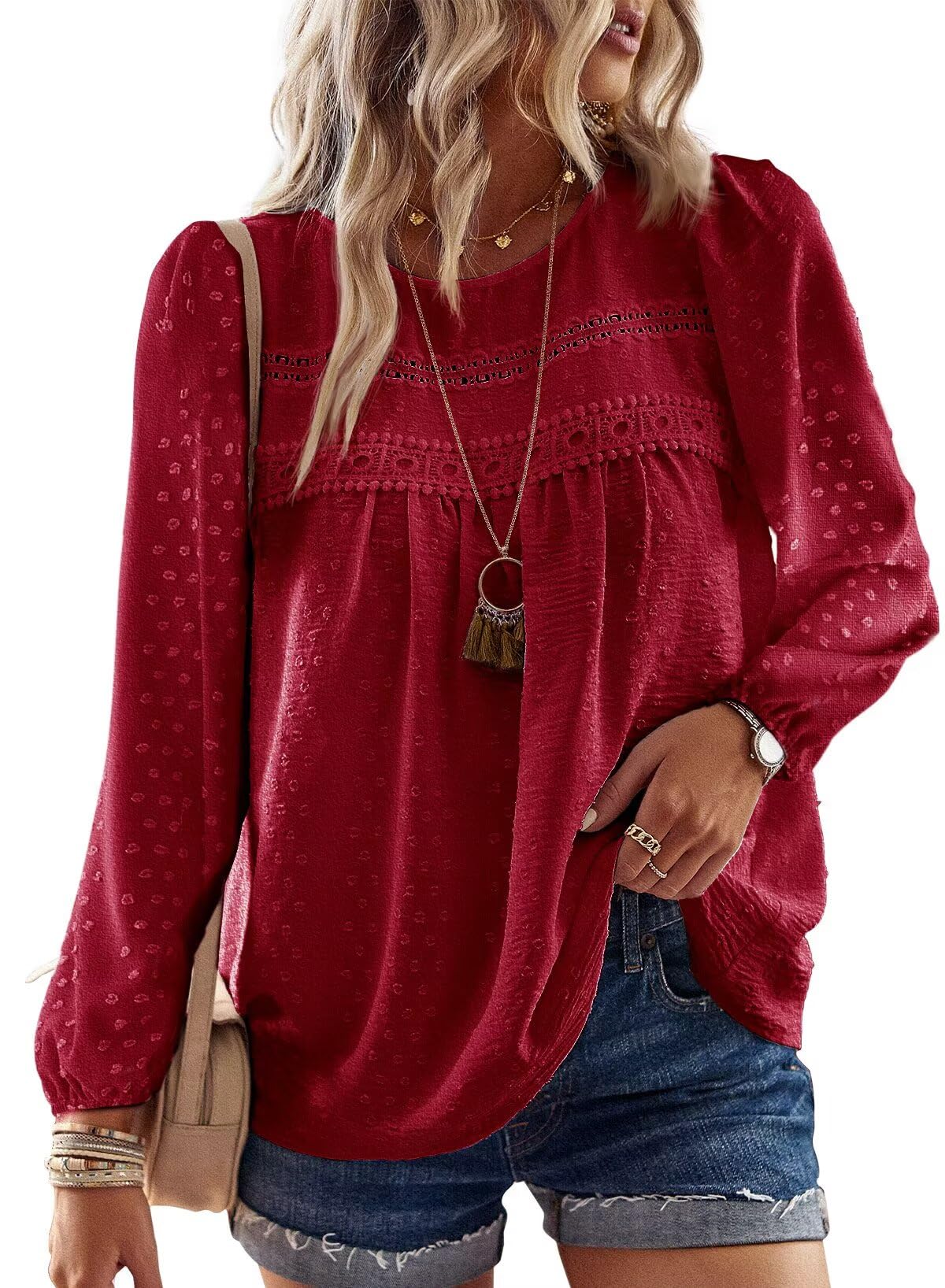 Falechay Red Tops for Women Dressy Cute Womens Blouse Bohemian Shirts for Women Solid Pullover Long Sleeve Crewneck Flowy Tunic Top Fall Loose XS Image