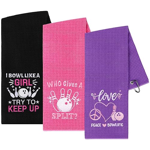 3 Pcs Bowling Towel Soft Embroidered Towels with Grommet Funny Bowling Ball Towel Absorbent Hand Towels Accessories Fans Birthday Xmas Gift for Women Sport Player Fitness Lovers Gift, 16 x 24 Inches