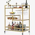 SULIVES Gold Bar Carts with 4 Tier Shelves, Rolling Serving Bar Cart with Wine Rack and Tempered Glass Holder, Home Bar Carts & Wine Carts on Lockable Wheels for Kitchen, Party,Dining Room
