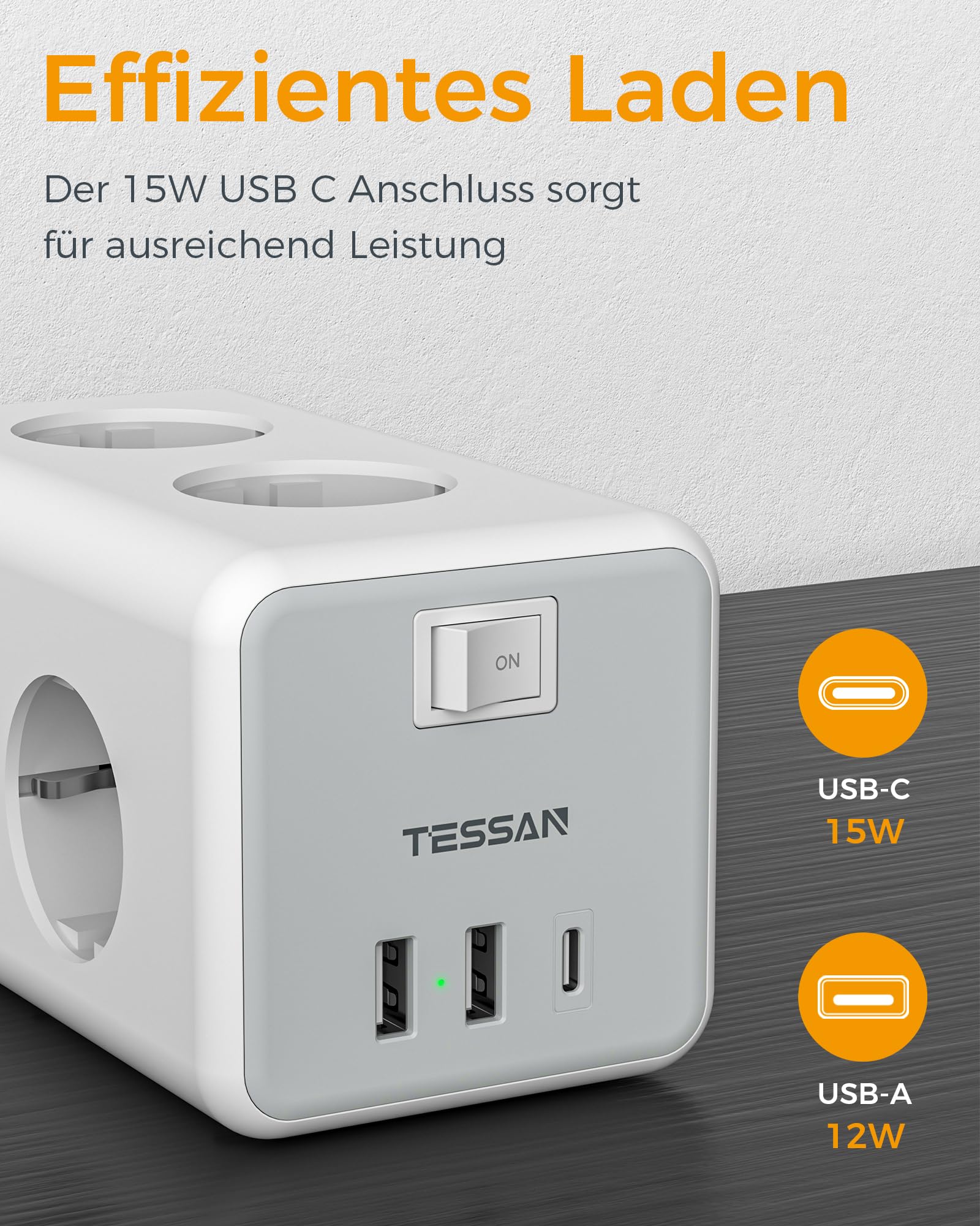 TESSAN 6 Fach Mehrfachsteckdose mit USB C, Verlängerungskabel 5M Verteilersteckdose, Steckdosenleiste mit 3 USB, 9 in 1 Steckerleiste mit Schalter, Steckdosenwürfel Wandmontage, Mehrfachstecker 3600W 3