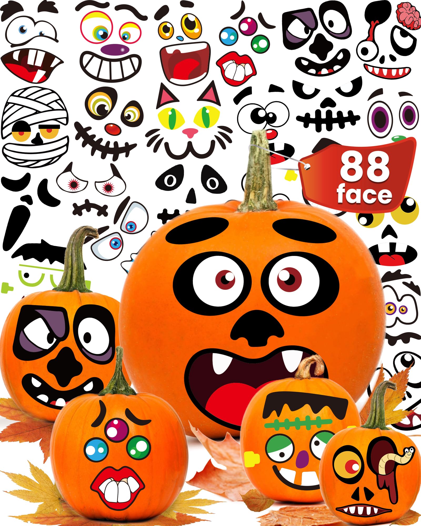 Greingways Halloween Pumpkin Stickers, Make 88 Funny Face Pumpkin Decorating Kit for Party Decorations, Pumpkins Painting Kit Halloween Crafts Gifts Games for Kids