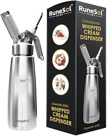 RuneSol Sahnespender/Sahnesyphon Edelstahl, Rostfrei | Profi Schlagsahnebereiter mit 3 Edelstahl Deko-Düsen | Für Sahne, Crem