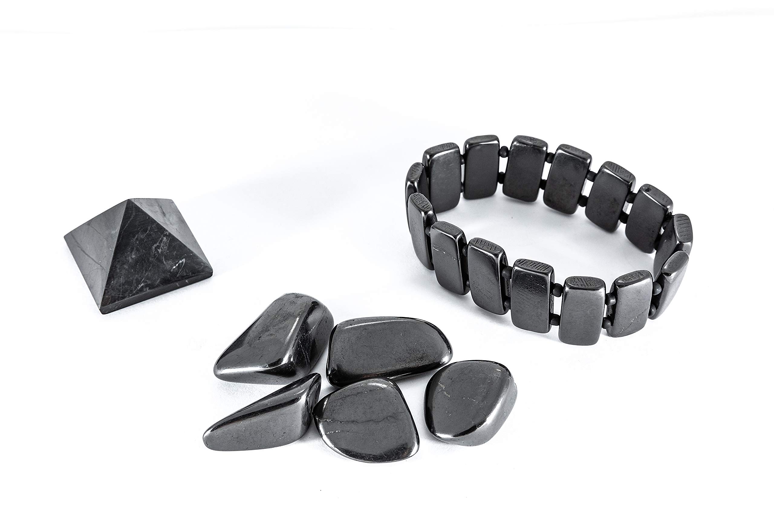 SN NATURSTEIN UG - Shungite Set Polished Pyramid 3 cm, Tumbled Stones 2-4 cm x 5, Bracelet Dark Moon | Gem Stone from Karelia