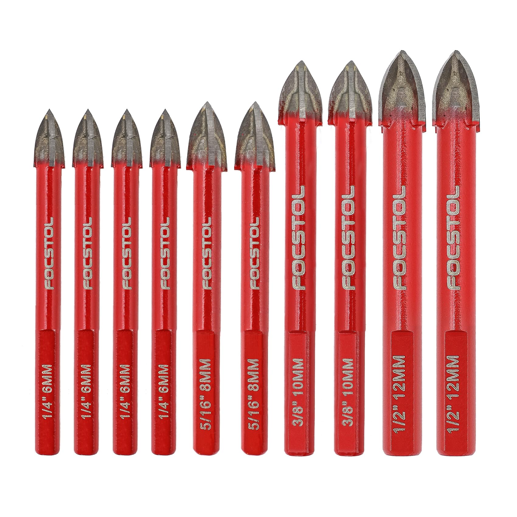 FOCSTOL Masonry Drill Bits Set - 10pcs Carbide Drill Bits Set with Triangle Shank for Wood Plastic Foam Tiles Softer Materials (6mm*4+8mm*2+10mm*2+12mm*2)