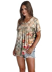 Womens Tops Short Sleeve Summer Shirts V Neck Retro