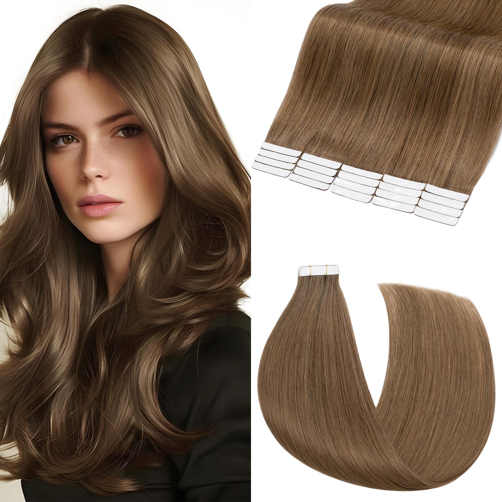 Elailite 20 Pcs Tape in Hair Extensions Real Human Hair - Seamless Skin Weft Real Remy Hair Extension Invisible Straight (#6 Light Brown, 22 Inch-50g)