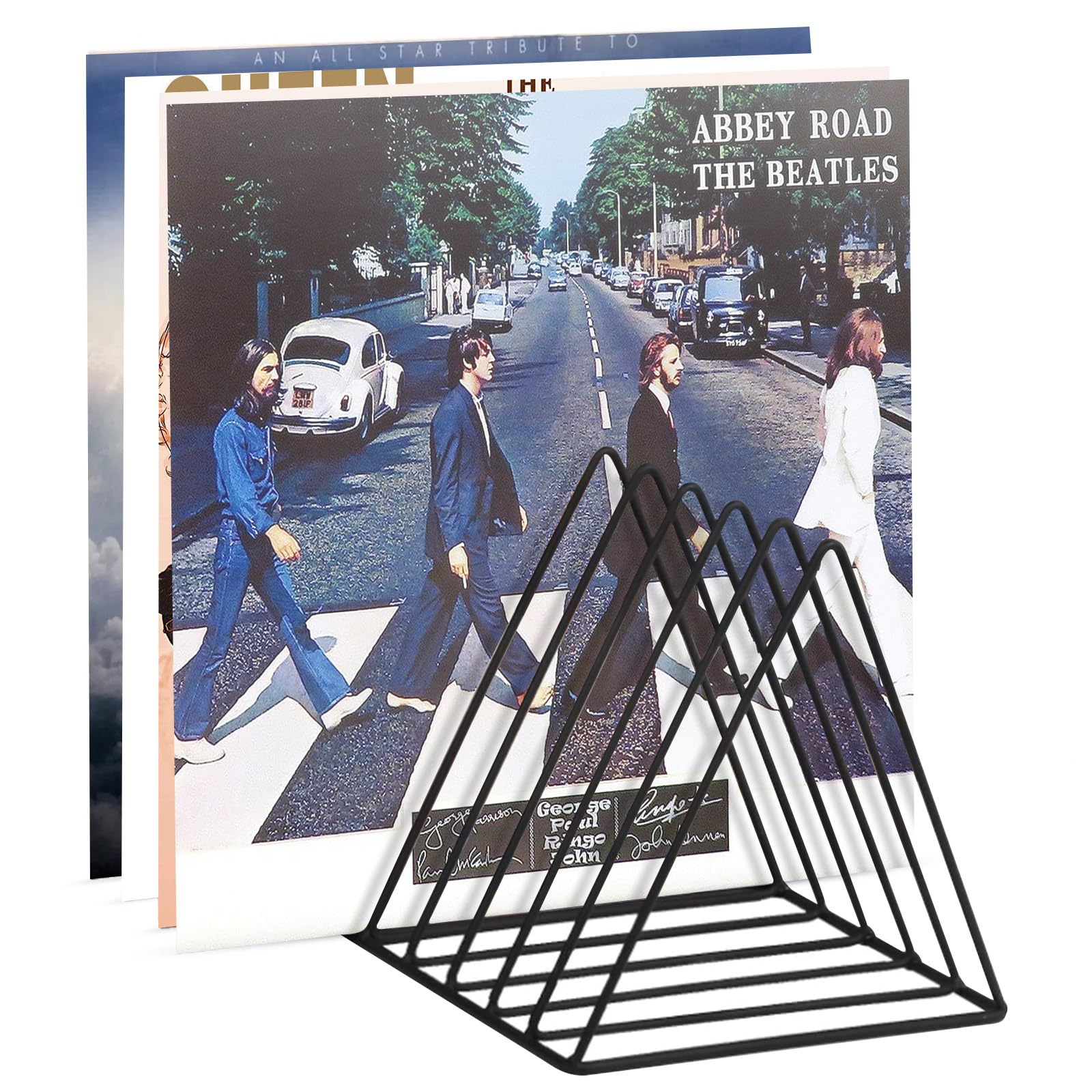 Photo 1 of Udreamer 9 Slot Vinyl Holder,Desktop Vinyl Record Storage Holds Up 30 Vinly Records,Metal Magazine Rack Triangle File Holder for Office Homer,Black