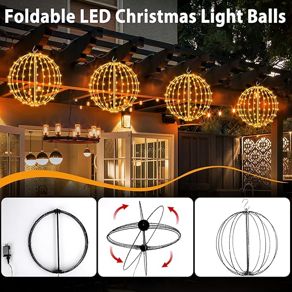 ANGAR 4 PACK 16″ CHRISTMAS BALL LIGHTS OUTDOOR/INDOOR, FOLDABLE LARGE LIGHTED LED SPHERE FOR TREES, HANGING LIGHTS WITH HOOK, HOLIDAY DECOR, GARDEN, PATIO, WEDDING