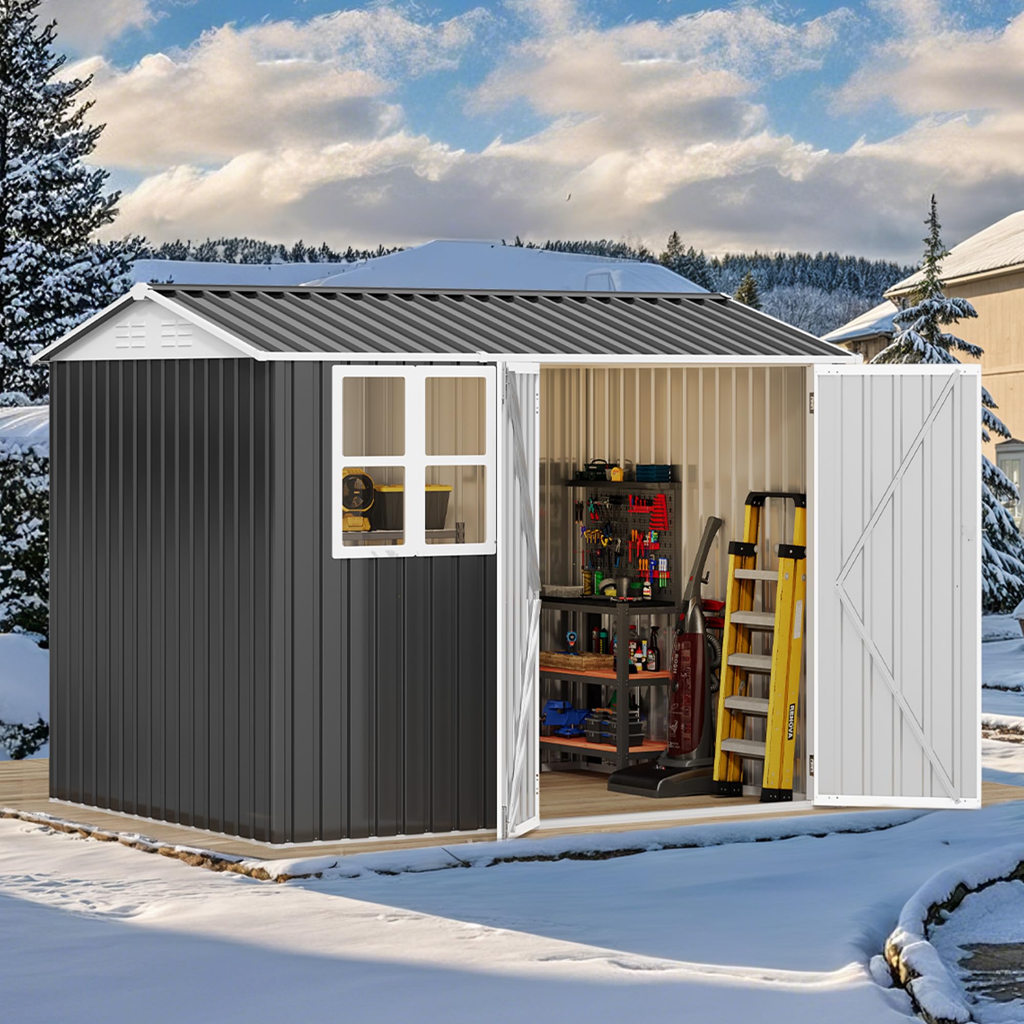 Photo 1 of DWVO 8' x 6' Outdoor Storage Shed, Waterproof Metal Garden Shed with Windows, Lockable Doors, and Sloped Roof for Patio, Backyard, Lawn, Tool Storage, Bike Shed, Pet Shelter (Gray + White)