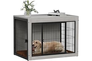 Bigrab Dog Crate Furinture with Thick Cushion, Side End Table Wooden Dog Cage with Double Doors, Chew-Resistant Dog Kennel Dog House Indoor for Small to Large Dog, L (Grey)