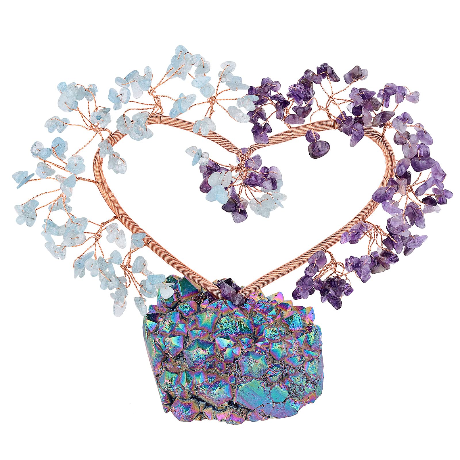 mookaitedecor Aquamarine Amethyst Crystal Tree of Life Love Heart Crystal Bonsai Tree with Rainbow Aura Quartz Base Crystal Money Tree Healing Crystal Gifts, Love Heart Home Decor Love Ornament