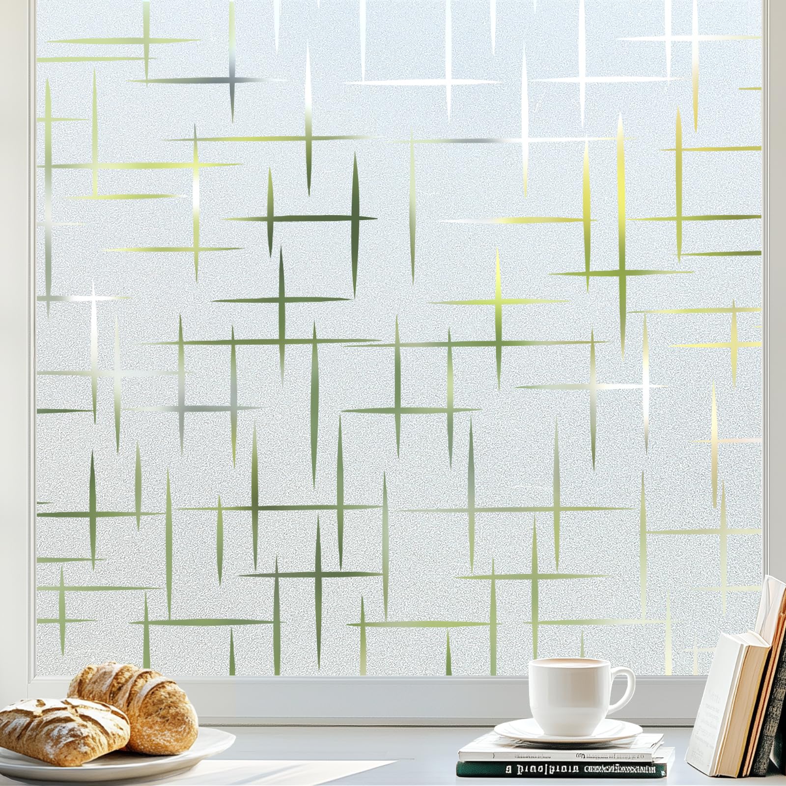 Photo 1 of rabbitgoo Window Privacy Film Frosted Glass Window Film, Decorative Privacy Cling, UV Blocking Staic Cling Bathroom Glass Frosting Sticker, Non-Adhesive Front Door Cover, Cross Pattern, 17.5" x 78.7"