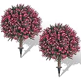 AOKIIE Set of 2 Artificial Rose Boxwood Topiary Ball Bush for Outdoor with Ground Spike 22", UV Resistant Faux Greenery Shrubs, Fake Rose&Green Boxwood Plants for Garden, Yard, Porch, Patio Decor