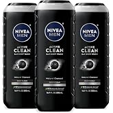 NIVEA MEN Active Clean 3-in-1 Body Wash, Mulitpack, 3 x 16.9 FL OZ | Natural Charcoal, 3-in-1 Face, Hair and Body Wash for Men with Normal to Oily Skin, Draws Out Dirt and Impurities