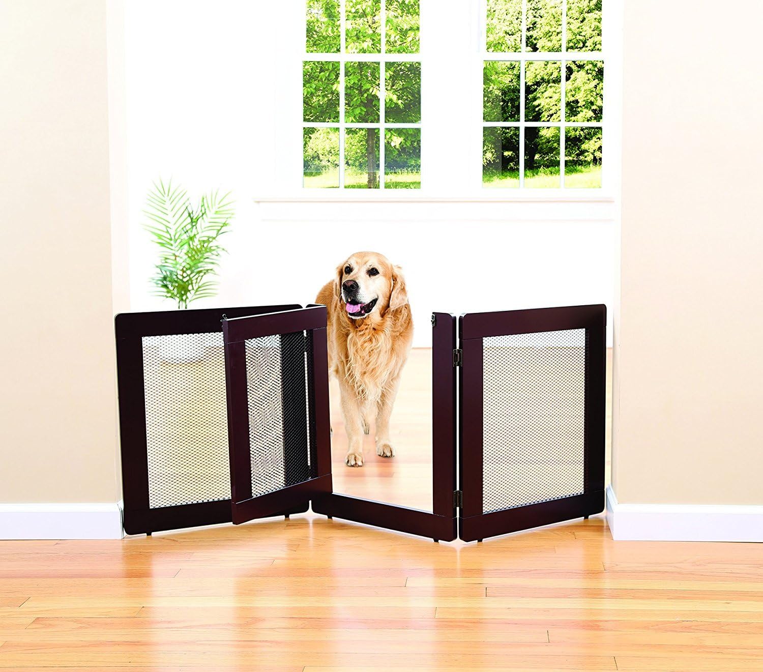 Indoor/Outdoor Mesh Solid Wood and Metal 3 Section Pet Gate with Door