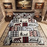 Rustic Cabin Comforter Set Queen Woodland Wolf Deer Bear Comforter For Kids Adults,Red Black Buffalo Plaid Bedding Set Wildlife Camping Lodge Mountain Quilt Bedding Southwestern Farmhouse Decor