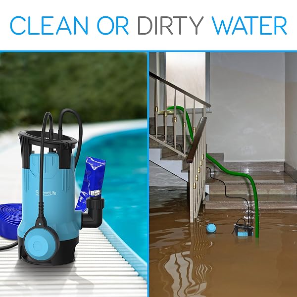 SERENELIFE 1HP SUMP PUMP SUBMERSIBLE, 3300GPH WATER PUMP FOR POOL DRAINING WITH AUTO FLOAT SWITCH, 3PC ADAPTER SET FOR USA GARDEN AND FLAT HOSE, 16FT CORD, CLEAN DIRTY WATER, YARD, POOL, TUB, POND