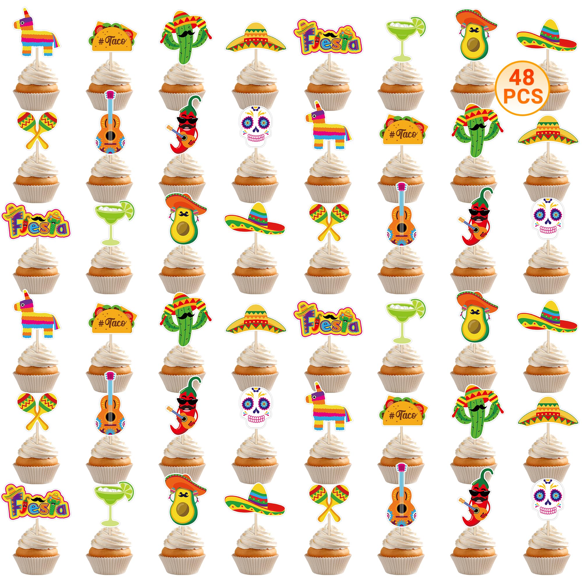 48 PCS Cinco De Mayo Cupcake Toppers, 12 Style Mexican Party Decorations, Chili Cactus Sombrero Printing Design Fiesta Cake Toppers Cupcake Picks, Cinco De Mayo Decor for Mexican Party