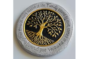 VEOJEIN Family Tree Garden Stepping Stone, 9.45 Inch Round, Gold Tree of Life Design, Weather-Resistant Outdoor Decor