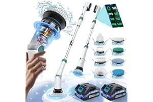 Zordin Electric Spin Scrubber Cordless Tub and Tile, 1200RPM Powerful Bathroom Shower Cleaning Brush, 21V Spin Brush for Cleaning Long Handle LED Display, 8 Brushes, 2 Batteries for Bathtub Floor