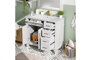 Bathroom Vanity with Ceramic Sink for Small Bathrooms, 36" Freestanding Storage Cabinet with Tip-Out Drawer, 2 Door, 3 Drawer