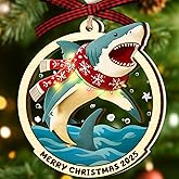 Shark Ornament - Funny Shark Ornaments for Christmas Tree - Sharks Lovers Gifts for Women, Men, Ocean Lover - Ocean Christmas Ornaments - 2 Layers Wood Acrylic Sea Animal Hanging Ornament 2025