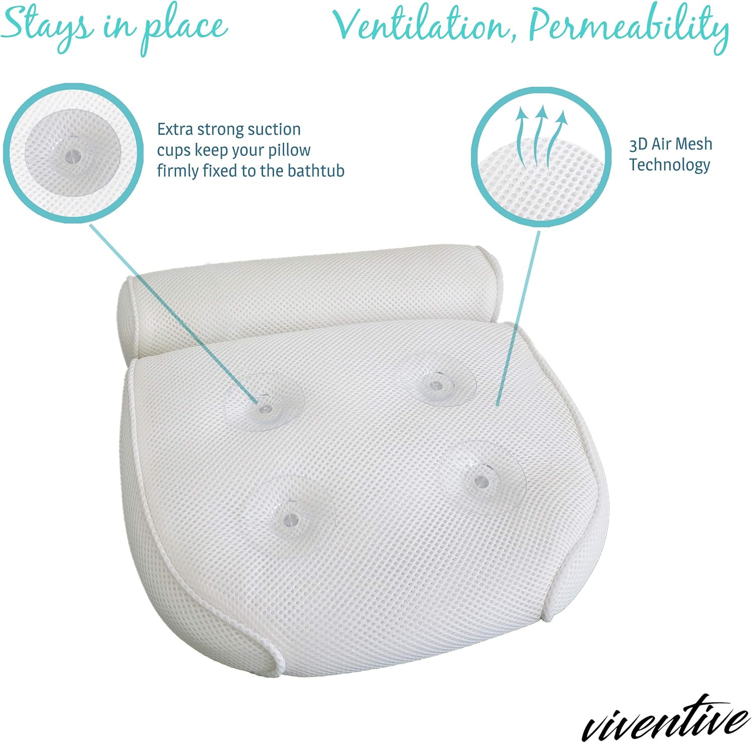 Viventive Luxurious Bath Pillow Non-Slip and Extra Thick with Head, Neck, Shoulder and Back Support. Soft and Large 14x13x4 Inches for The Ultimate Bathtub Relaxation Experience. Fits Any Tub: Home & Kitchen