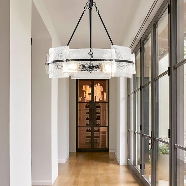 MODERN DINING ROOM CHANDELIER 22” BLACK TEXTURED GLASS CHANDELIER LUXURY DRUM CRYSTAL LIGHT FIXTURE FARMHOUSE ROUND HANGING LIGHTING FOR DINING ROOM KITCHEN ISLAND LIVING ROOM HALLWAY BEDROOM