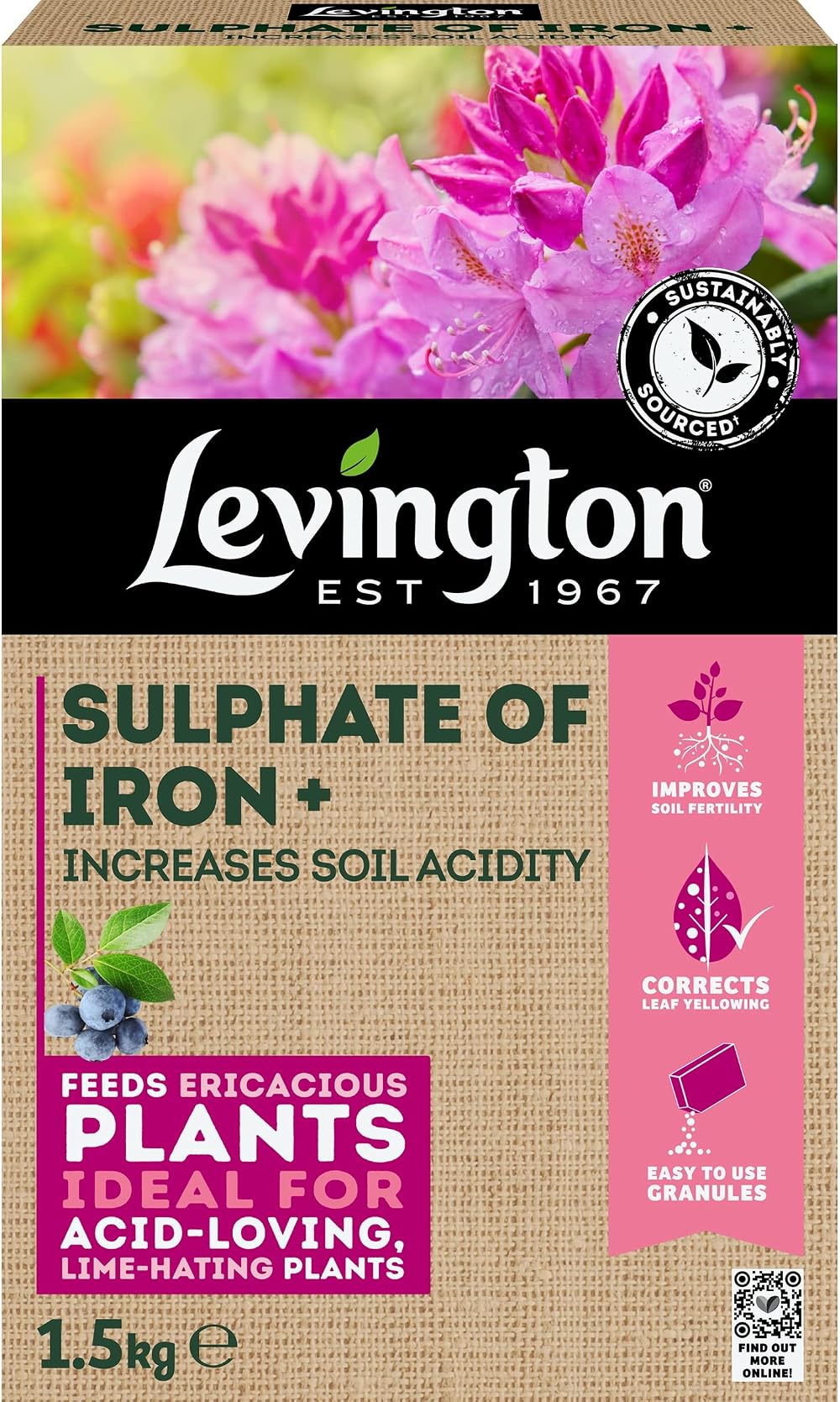 Levington Sulphate of Iron 8x1.5kg Plant Fertiliser Soil Acidity Regulator