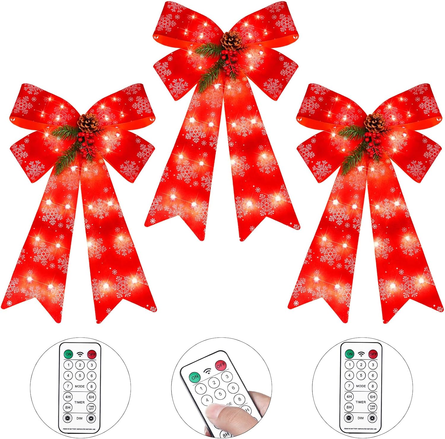 Bows & Ribbons - 3 Pcs Pre Lit Red Christmas Bow Decoration LED Lights Bow with Timer Function Christmas Bows 24 x 12 Inch Big Red Bow Lighted Christmas Tree Toppers Decor, 8 Light Functions (Snowflakes, Pine Cones)