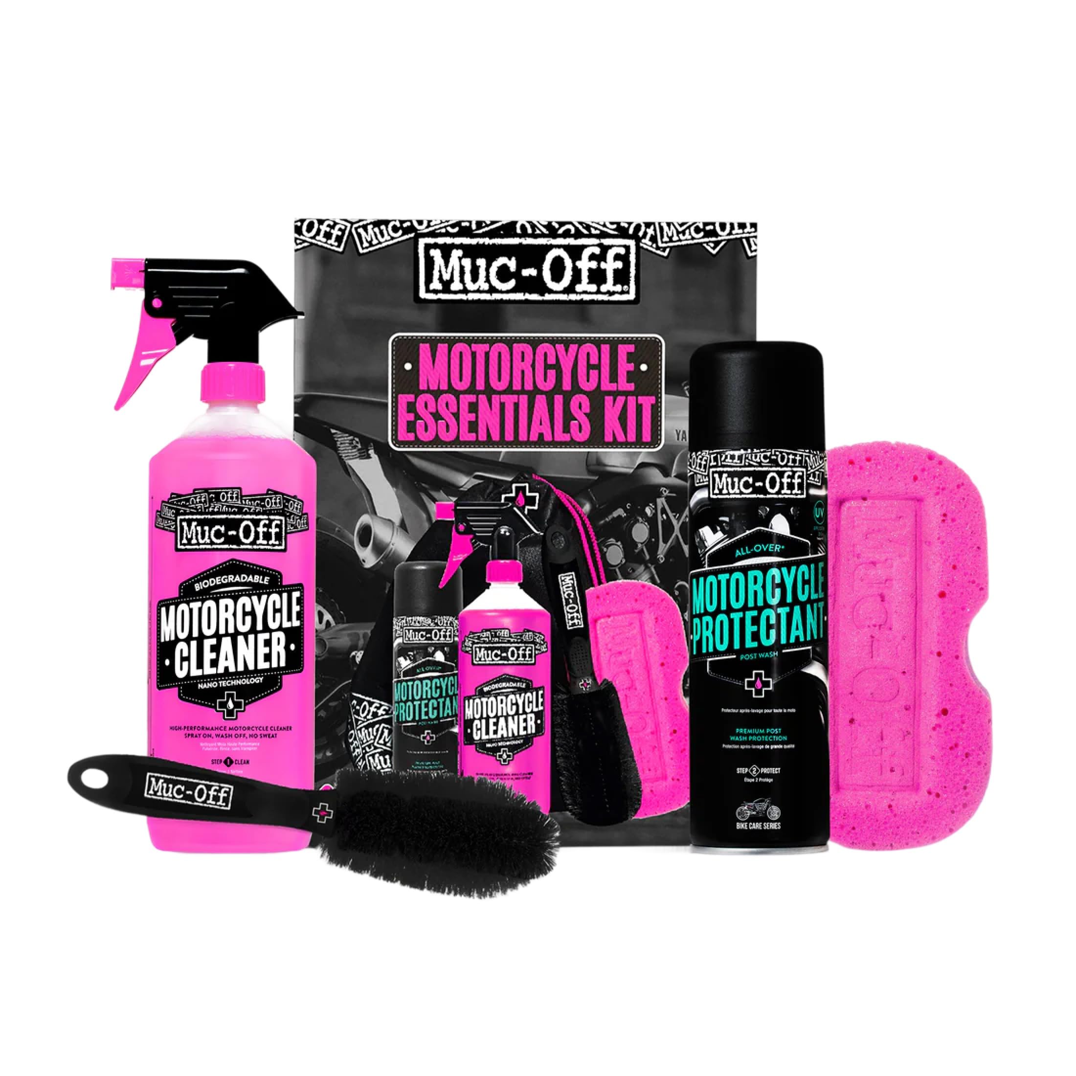 Muc-Off Motorcycle Essentials Kit - Cleaning Bundle with Nano Tech Motorcycle Cleaner, Protectant Spray, Wheel & Component Cleaning Brush, Sponge and Storage Tote