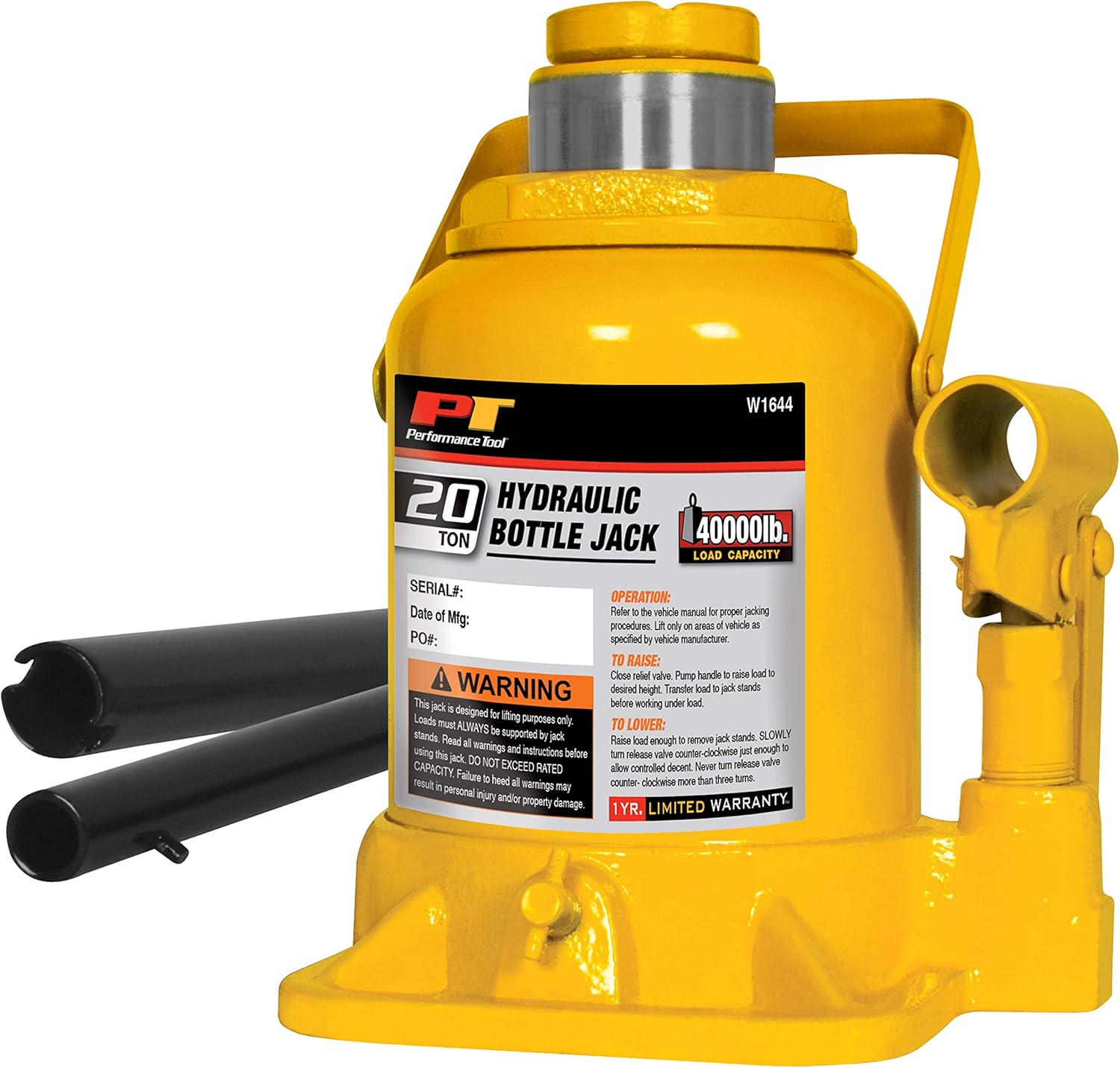 Performance Tool W1644 20 Ton (40,000 lbs.) Heavy Duty Shorty Bottle Jack