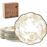 HGWNQX 100 Pcs Gold Paper Plates, 7 Inch Gold and White Disposable Dessert Floral Paper Plates, Scalloped Flower Cake Plate for Wedding Birthday Chinoiserie Party Decor Supplies