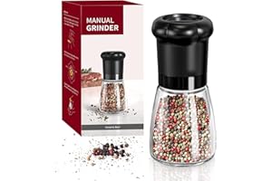 CIRCLE JOY Manual Pepper Grinder, Spice Mill for Professional Chef, Refillable Pepper Shakers with Ceramic Blades, Adjustable Coarseness and BPA-free 180ml Glass Container, Short Black