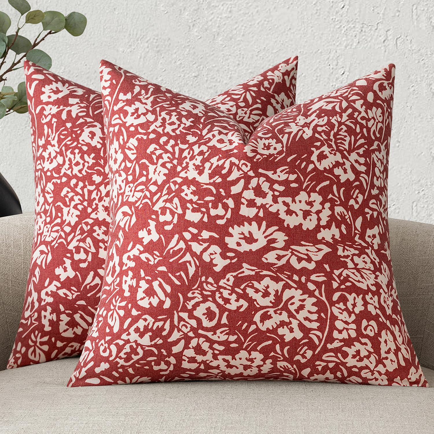 Photo 1 of MIULEE Floral Pillow Covers 20x20 Set of 2, Neutral Linen Decorative Throw Pillow Covers for Sofa Couch Outdoor Living Room, Farmhouse Cushion Covers, Red