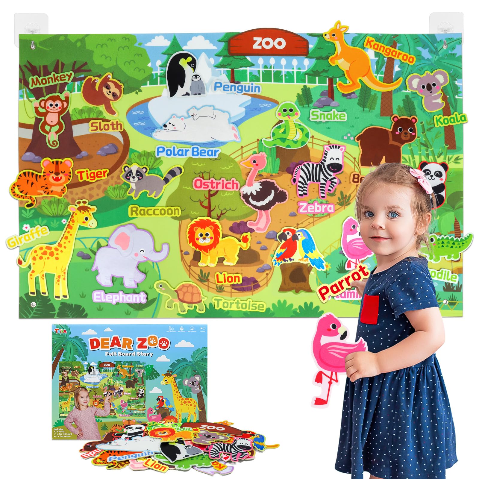 Taika 41Pcs Zoo Animals Felt Story Board Set, 43x28 inch Jungle Animals Flannel Board, Felt Toys, Preschool Learning Interactive Storytelling Teaching Play Activity Kits for Toddlers