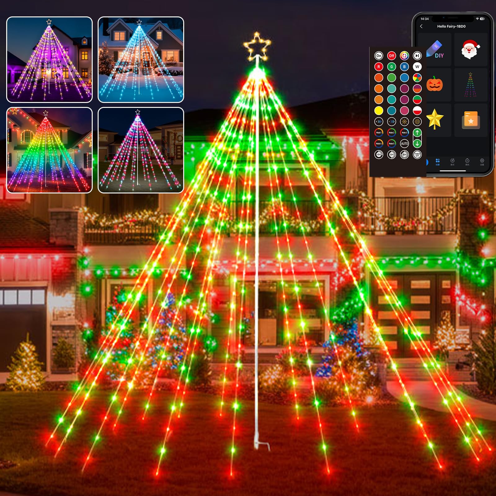 Photo 1 of 12Ft 478LEDs Outdoor Christmas Tree Waterfall Lights with Pole, Cascading Twinkle Light for Yard, Color Changing RGB, Smart App/Remote Control, Timer, Waterproof, Giant Outside Xmas Decor